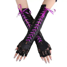 Charger l&#39;image dans la galerie, Elegant elbow-length half-finger lace gloves with purple ribbon detail, adding a touch of glamour and sophistication to any outfit.
