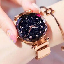 Load image into Gallery viewer, Elegant women&#39;s luxury diamond watch with a sparkling black dial and rose gold strap, perfect for style-conscious individuals.
