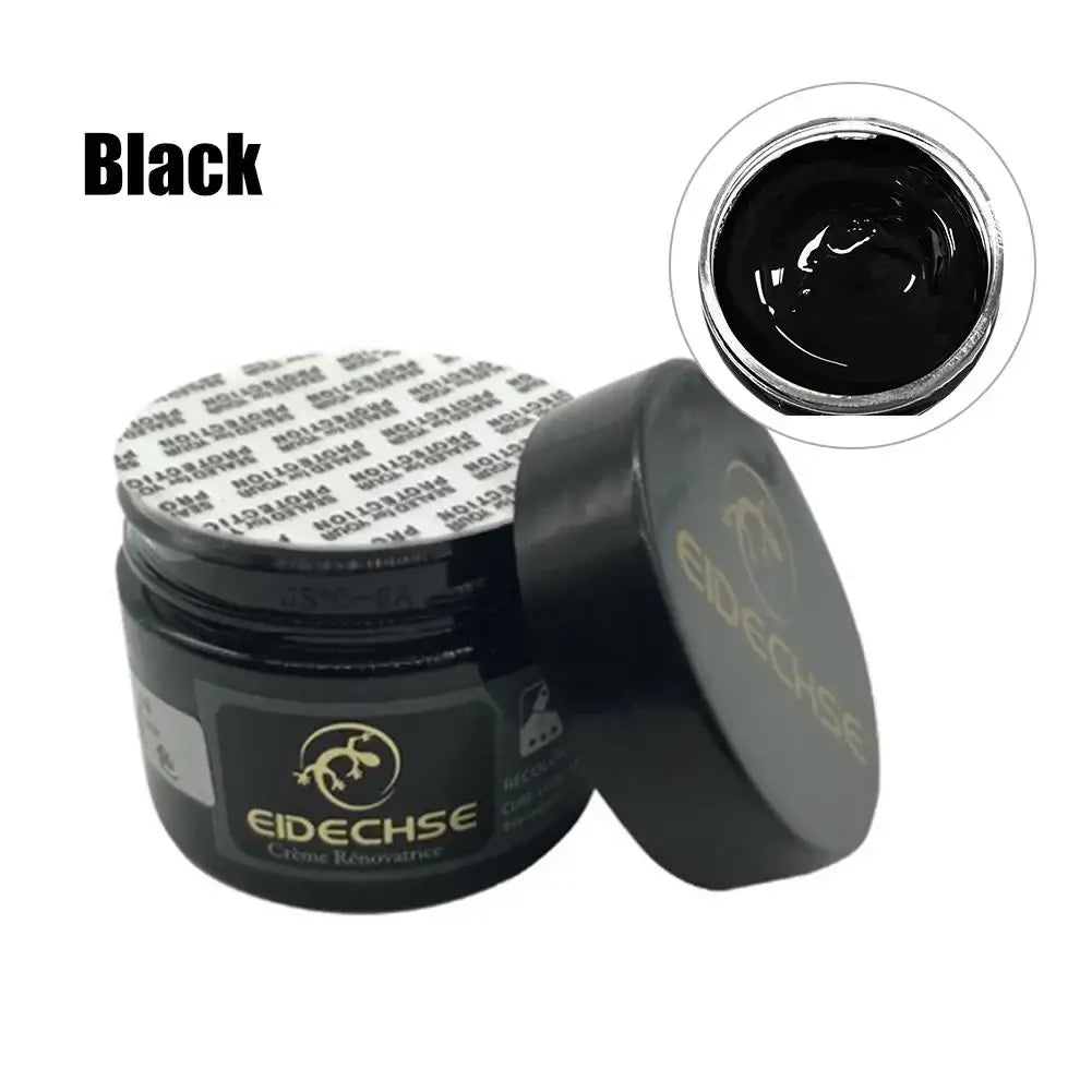 Black leather vinyl repair kit container with open lid, Eidechse brand, black sealant shown in separate image.