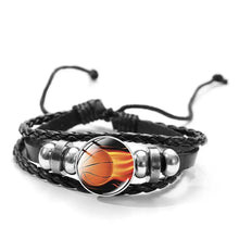 Cargar imagen en el visor de la galería, Polyurethane leather bracelet with flame basketball charm, unisex design, crafted for style and durability. Perfect for sports enthusiasts.
