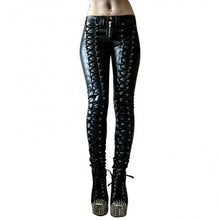 Charger l&#39;image dans la galerie, Steampunk vegan leather skinny pants with lace-up design, edgy style, perfect for bold fashion statement and unique look.

