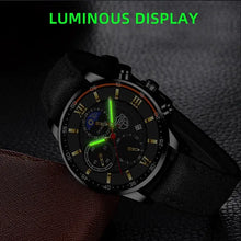 Load image into Gallery viewer, Men&#39;s casual leather watch showcasing luminous display and sleek design, emphasizing style and functionality.
