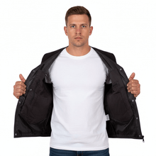 Load image into Gallery viewer, Man wearing a black jacket over a white shirt on a white background
