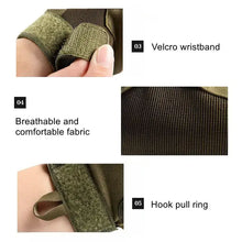 Load image into Gallery viewer, Features of green tactical military gloves with velcro wristband, breathable fabric, and hook pull ring for easy adjustment.
