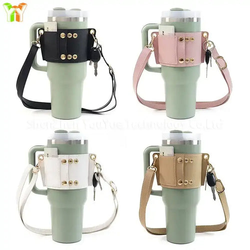 PU leather coffee cup carrier covers with shoulder straps in black, pink, white, and beige on green cups for hands-free convenience.