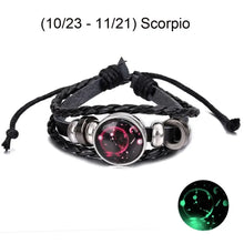 Load image into Gallery viewer, Scorpio leather bracelet with zodiac constellation design, features adjustable strap and glowing astrological charm.
