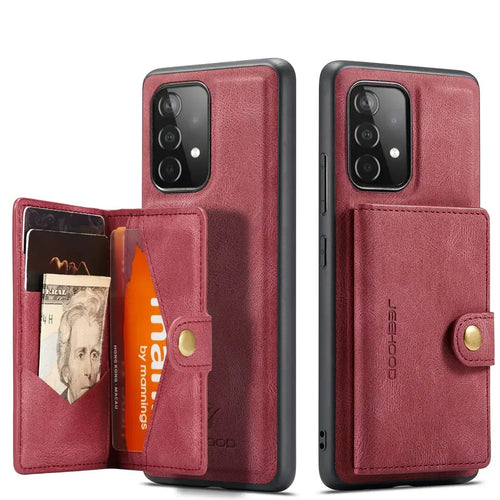 Vegan leather wallet magnetic case for Samsung Galaxy S21 Ultra with card slots, shown open and closed, in rich maroon color.
