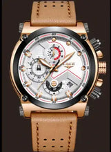 Load image into Gallery viewer, Lige Watch Edited - Exquisite design with silver dial, gold-tone case, and brown leather strap for elegant and precise timekeeping.
