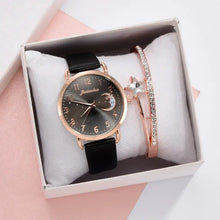Cargar imagen en el visor de la galería, Moon Bracelet &amp; Watch Set with celestial dial, featuring elegant black strap watch and rose gold star-studded bracelet in box.
