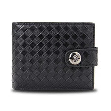 Charger l&#39;image dans la galerie, Men&#39;s retro woven pattern black leather wallet with button clasp, stylish PU design for modern fashion and organization.
