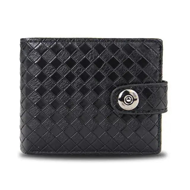 Men's retro woven pattern black leather wallet with button clasp, stylish PU design for modern fashion and organization.