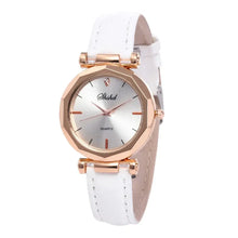 Load image into Gallery viewer, Fashion women leather casual watch with white vegan leather strap and rose gold case, featuring quartz movement for precise timekeeping.
