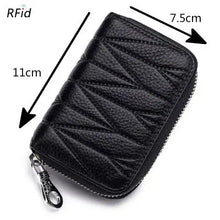 Load image into Gallery viewer, Black RFID leather travel purse with zip closure, dimensions 11cm x 7.5cm
