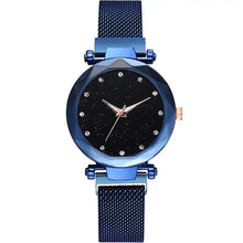 Load image into Gallery viewer, Luxury women&#39;s diamond watch with blue band, black dial, and quartz movement. Elegant and timeless design.
