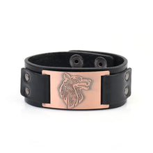 Load image into Gallery viewer, Vintage wide leather bracelet with intricately crafted wolf head centerpiece, symbolizing strength and independence.
