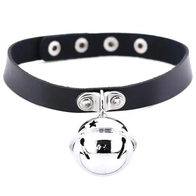 Sleek black leather choker with a shiny silver round pendant, featuring adjustable snap buttons for a modern, elegant look.