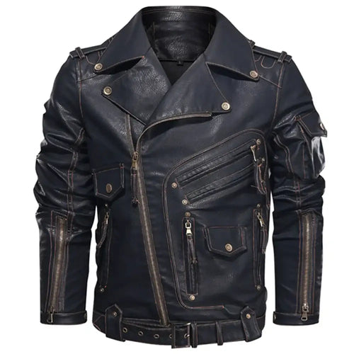 Men's vegan leather jacket - stylish, imported, black, with detailed pockets and zippers for a modern, classic look.