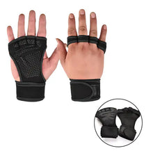 Load image into Gallery viewer, Weightlifting training gloves with enhanced grip for improved control and comfort during workouts, shown in black. Protects hands.
