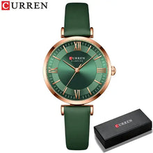 Load image into Gallery viewer, Green Classic Clock Leather Watch with gold accents and box, stylish women&#39;s wristwatch with leather strap and quartz movement.
