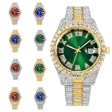 Cargar imagen en el visor de la galería, Diamond Roman wrist watch with gold stainless steel case, green face, and diamond-encrusted bezel, showcasing luxury and elegance.
