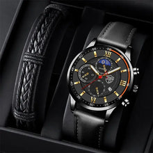 Load image into Gallery viewer, Luxury men&#39;s leather watch with black strap, gold details, and braided band in an elegant gift box.
