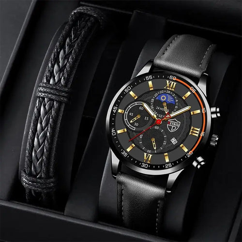 Luxury men's leather watch with black strap, gold details, and braided band in an elegant gift box.