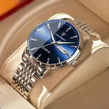 Load image into Gallery viewer, Men&#39;s stainless steel watch with blue dial and date display, showcasing sleek design and elegance for modern gentlemen
