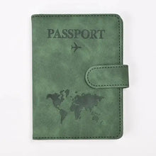 Load image into Gallery viewer, Green PU leather passport holder with map design and button closure, stylish travel accessory.
