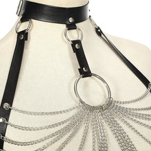 Cargar imagen en el visor de la galería, Goth leather body harness with intricate chains and bold design for gothic style fashion statement.
