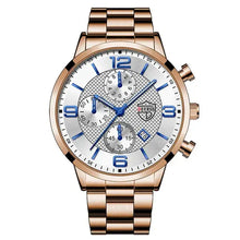 Load image into Gallery viewer, Luxury men&#39;s business watch with gold bracelet and blue accents, elegantly designed for modern professionals&#39; style and precision.
