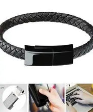 Cargar imagen en el visor de la galería, USB leather charging braided bracelet, featuring sleek black design and convenient USB connector for on-the-go device charging.
