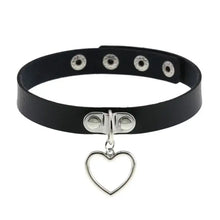 Load image into Gallery viewer, Alt Tag: black leather choker with heart pendant, adjustable buckle design for timeless elegance and modern sophistication
