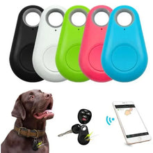 Load image into Gallery viewer, eThings Pet GPS Tracker and Activity Monitor in four colors with a dog wearing the tracker, smartphone alert, and keychain view.
