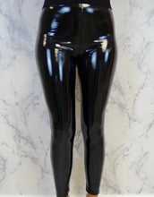 Load image into Gallery viewer, Shiny black latex patent leather leggings, high waist, vegan leather, bodycon fit.
