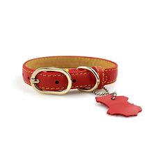 Cargar imagen en el visor de la galería, Red genuine leather dog collar with gold buckle and leather tag, customizable with pet&#39;s name for stylish, durable luxury.
