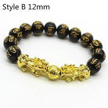 Load image into Gallery viewer, Feng Shui Wealth Bracelet with black beads and gold Pixiu charm for prosperity.
