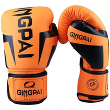 Load image into Gallery viewer, Alt Tag: Premium orange and black boxing gloves with Gingpai branding, designed for performance and protection in training and sparring.
