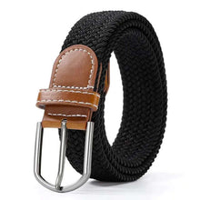 Load image into Gallery viewer, Elastic leather belt with alloy buckle, vegan leather, black color, imported, stylish and comfortable, perfect for everyday wear.
