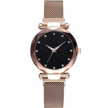 Load image into Gallery viewer, Women&#39;s Luxury Diamond Watch with black dial, rose gold mesh strap, and quartz movement for elegant style and precise timekeeping.
