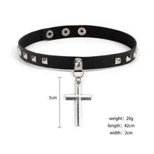 Load image into Gallery viewer, Harajuku oversized leather choker necklace with silver cross pendant, punk-inspired design, unisex fashion accessory.
