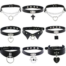 Load image into Gallery viewer, Collection of various black leather choker necklaces with unique pendants and designs, including chains, crosses, and hearts.
