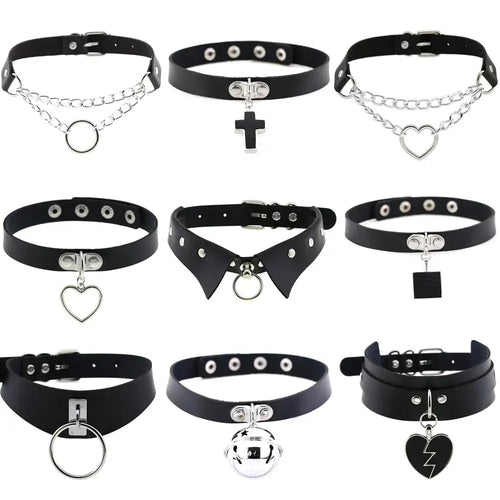 Collection of various black leather choker necklaces with unique pendants and designs, including chains, crosses, and hearts.