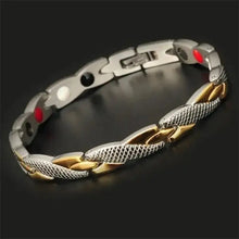 Load image into Gallery viewer, Elegant magnetic therapy bracelet with gold and silver tones, designed to enhance well-being and energy through magnetic power.
