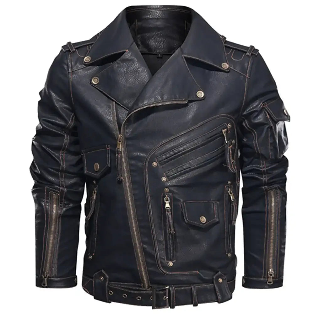 Men's vegan leather jacket with multiple zippers and dark finish, showcasing modern fit and durable design ideal for stylish wardrobes.