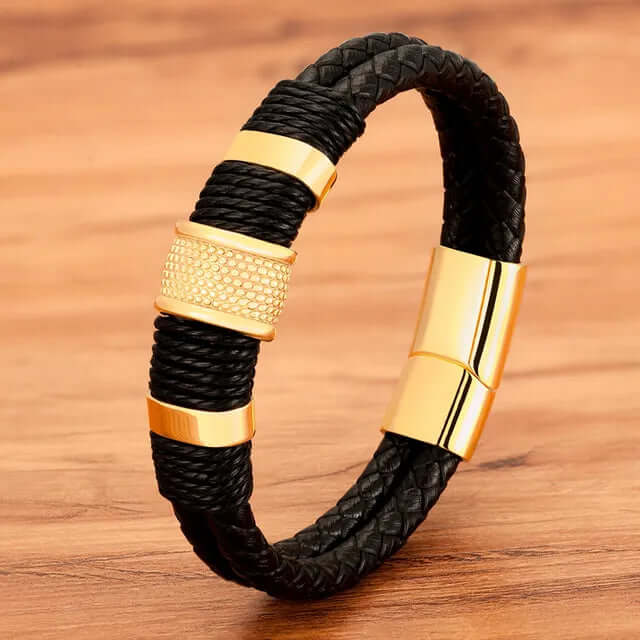 XQNI Men's Double Layer Woven Leather Bracelet with Gold Accents, Stylish and Durable Accessory for Modern Men