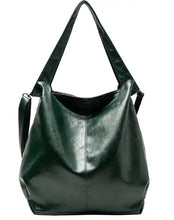 Load image into Gallery viewer, Retro luxury shoulder bag in green vegan leather, stylish women&#39;s tote with ample space for daily essentials.
