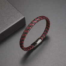 Cargar imagen en el visor de la galería, Classic red and black woven leather bracelet with metal clasp, stylish men&#39;s accessory for parties and casual outings.
