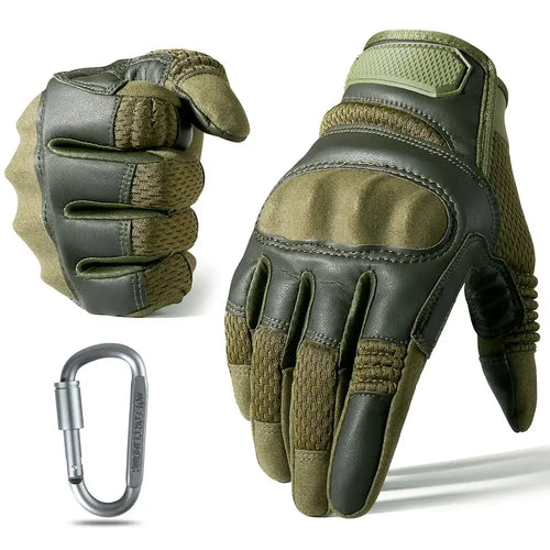 Knuckle reinforced tactical gloves with full finger protection in green, designed for durability and flexibility, shown with a carabiner.