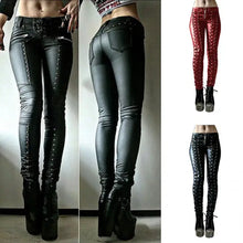 Charger l&#39;image dans la galerie, Steampunk leather skinny pants in black, red, and silver for women, featuring vegan leather and edgy design.
