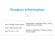 Load image into Gallery viewer, Product information for Reggie sports gloves, available in black, green, pink; sizes S-XL, featuring breathable fabric and shock absorption for fitness cycling.
